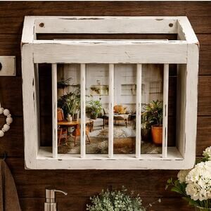Rustic White Wall Shelf Wood Slatted Farmhouse 13x12.5x3